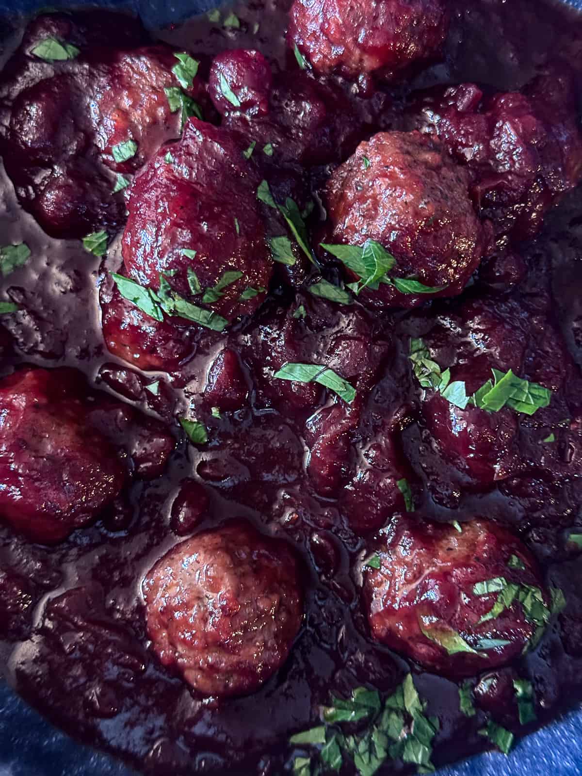 Closeup of cranberry BBQ Meatballs recipe