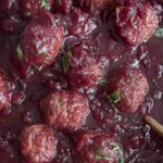 Cranberry BBQ Meatballs recipe with text overlay