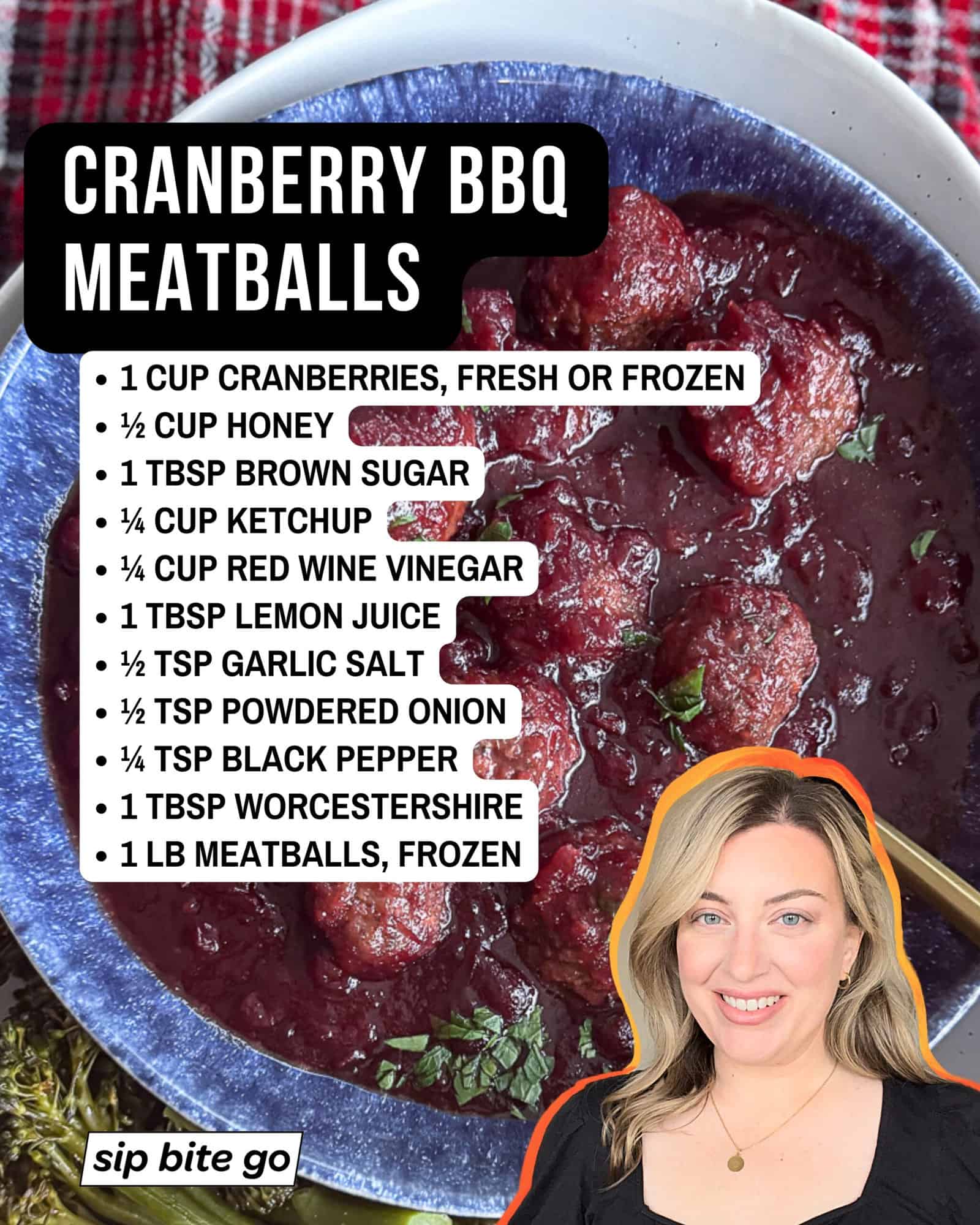 Infographic with list of ingredients to make Cranberry BBQ Meatballs Sip Bite Go.jpg