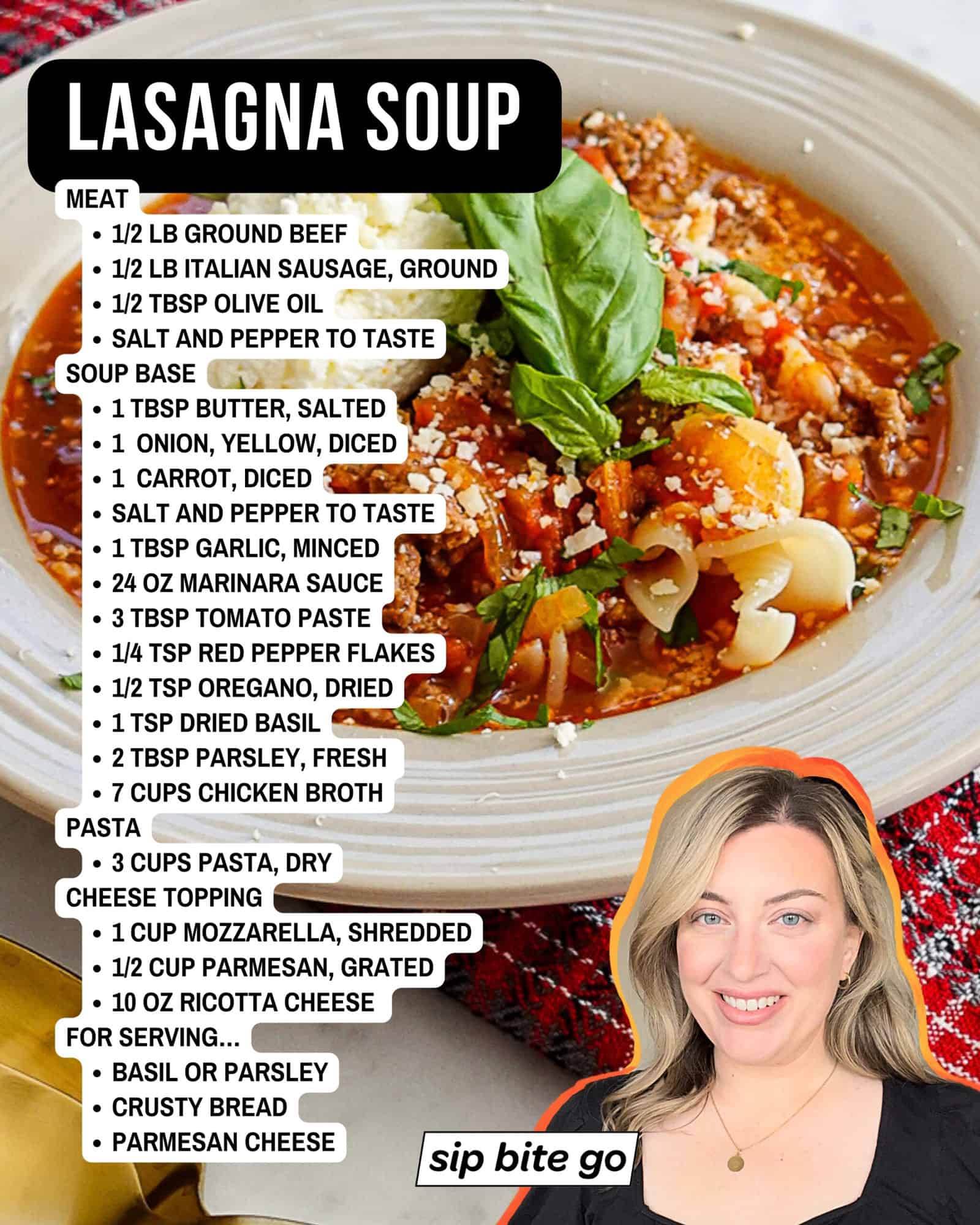 List of ingredients for Lasagna Soup with recipe image