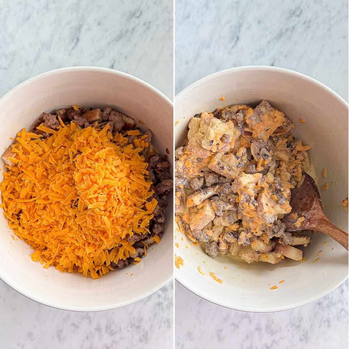Mixing Together Breakfast Egg Casserole Before and After Steps Sip Bite Go