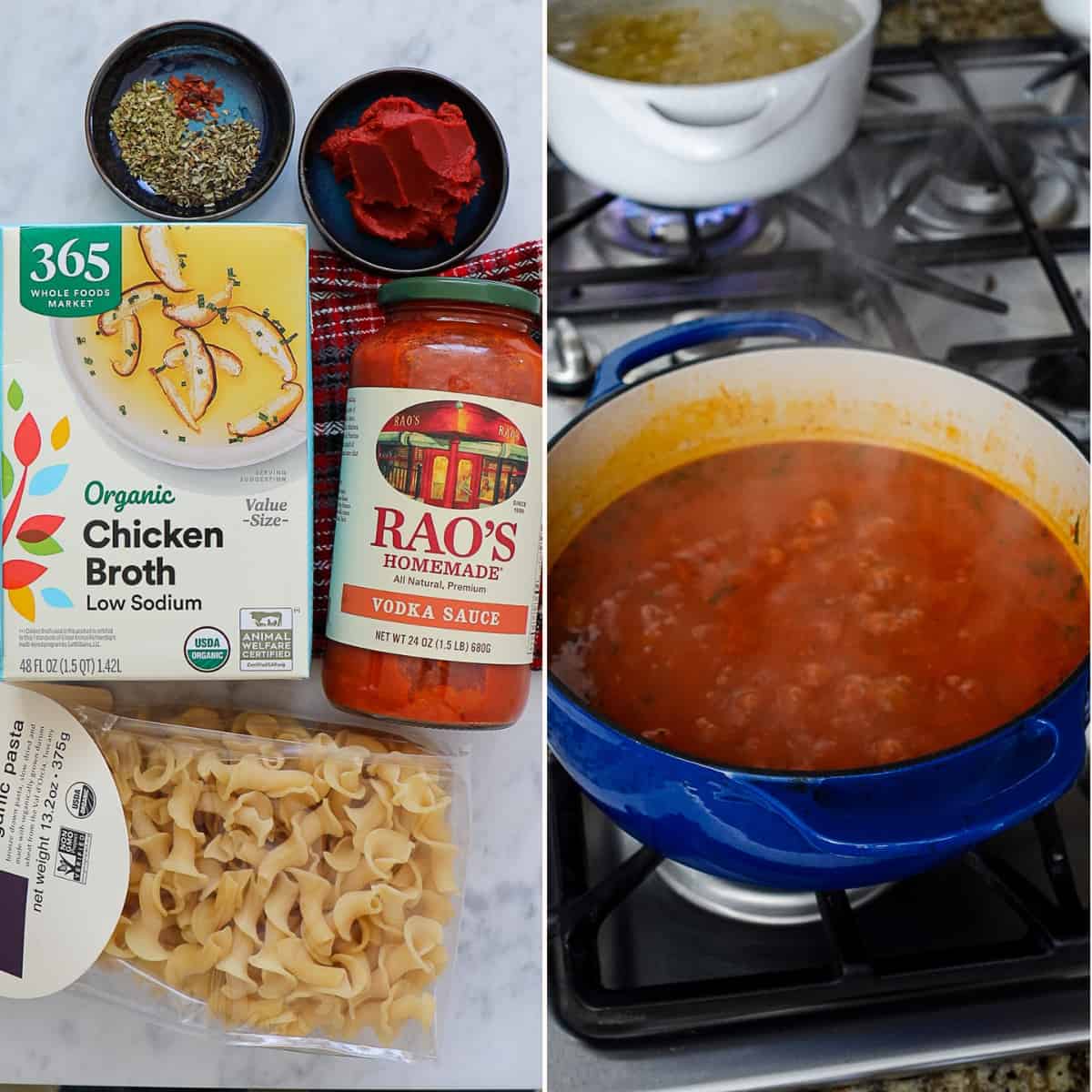 Step ingredients and image of cooking the marinara sauce soup base for lasagna soup