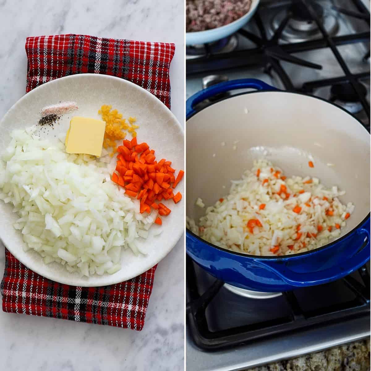 Step ingredients and image of cooking the vegetables for lasagna soup