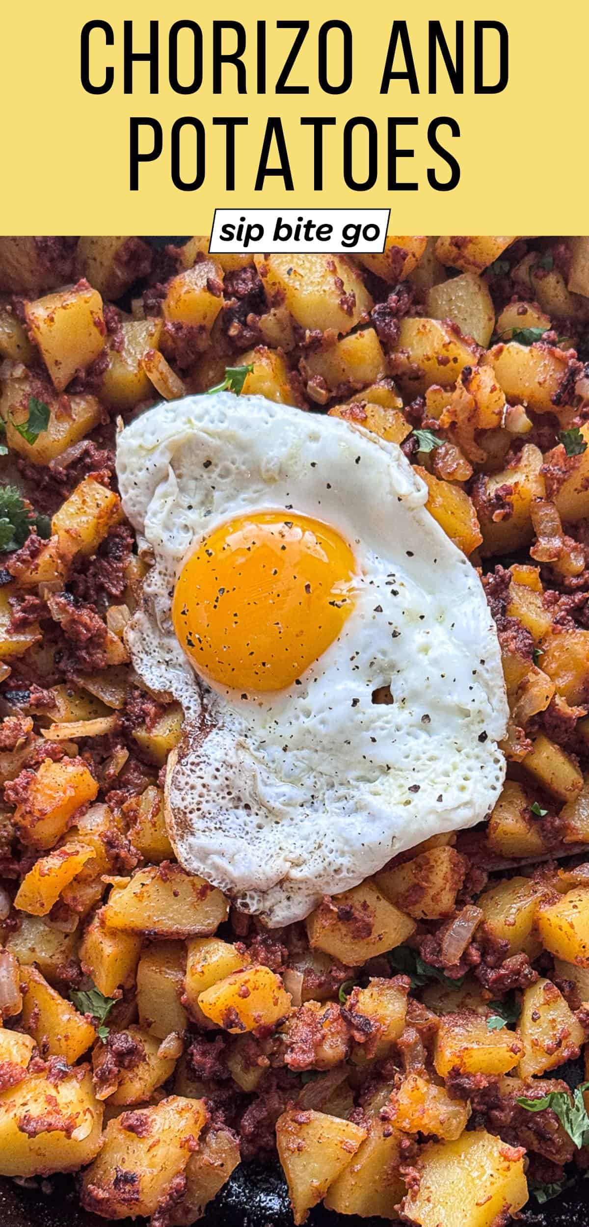 Chorizo and Potatoes with Eggs Recipe for Mexican Papas Con Chorizo with text overlay
