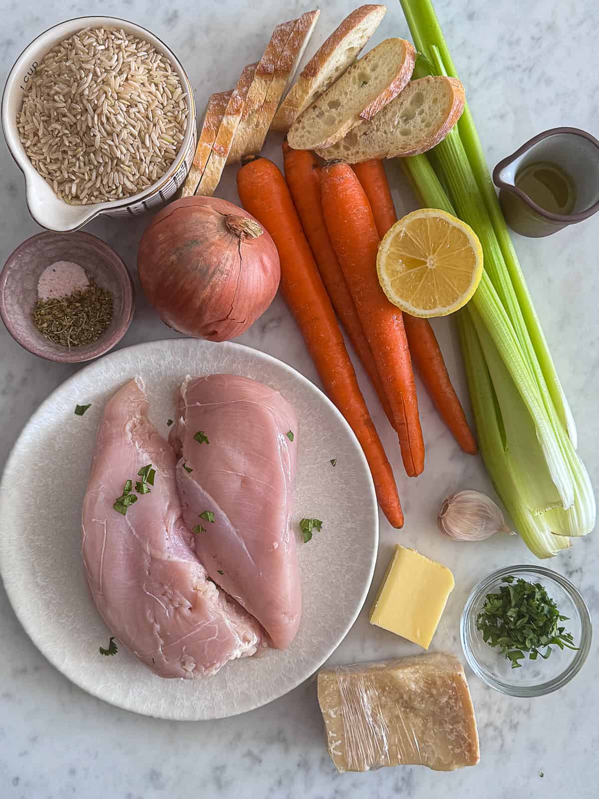 Ingredients prepped for Chicken and Rice Soup