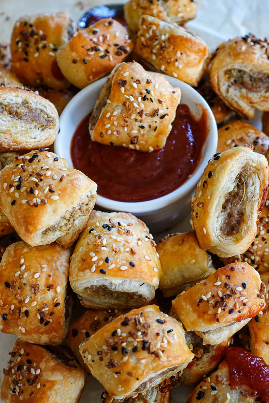 Puff Pastry Pork Rolls with Everything Seasoning and ketchup