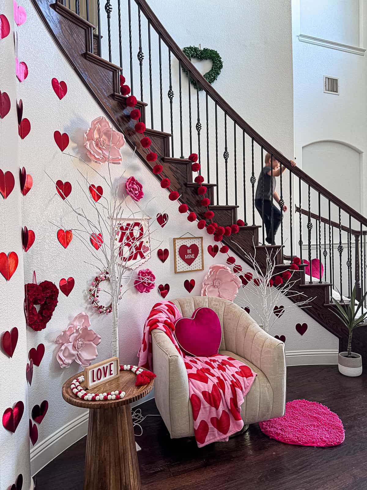 Stairway decorated for Valentine's Day