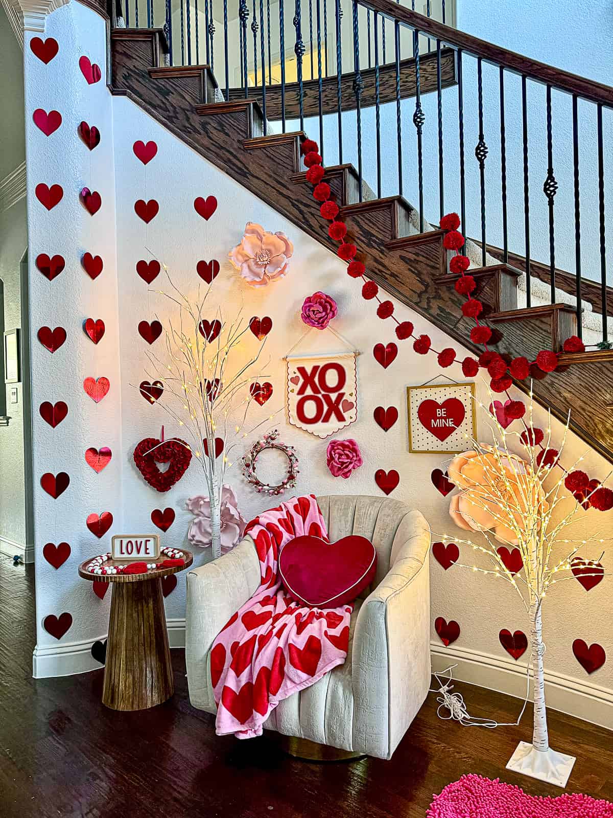 Valentine's Day Decor with Chair in Stairway Entryway