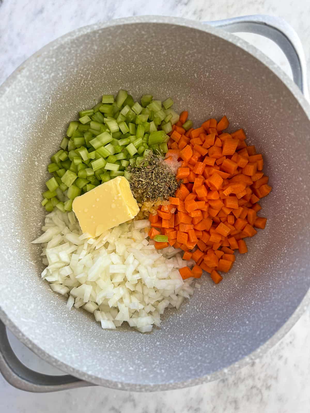 Vegetables in soup pot