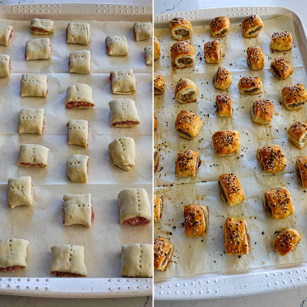 before and after baking pork rolls on a baking sheet