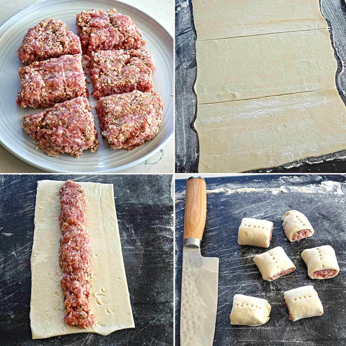 demonstrating how to make sausage rolls with puff pastry