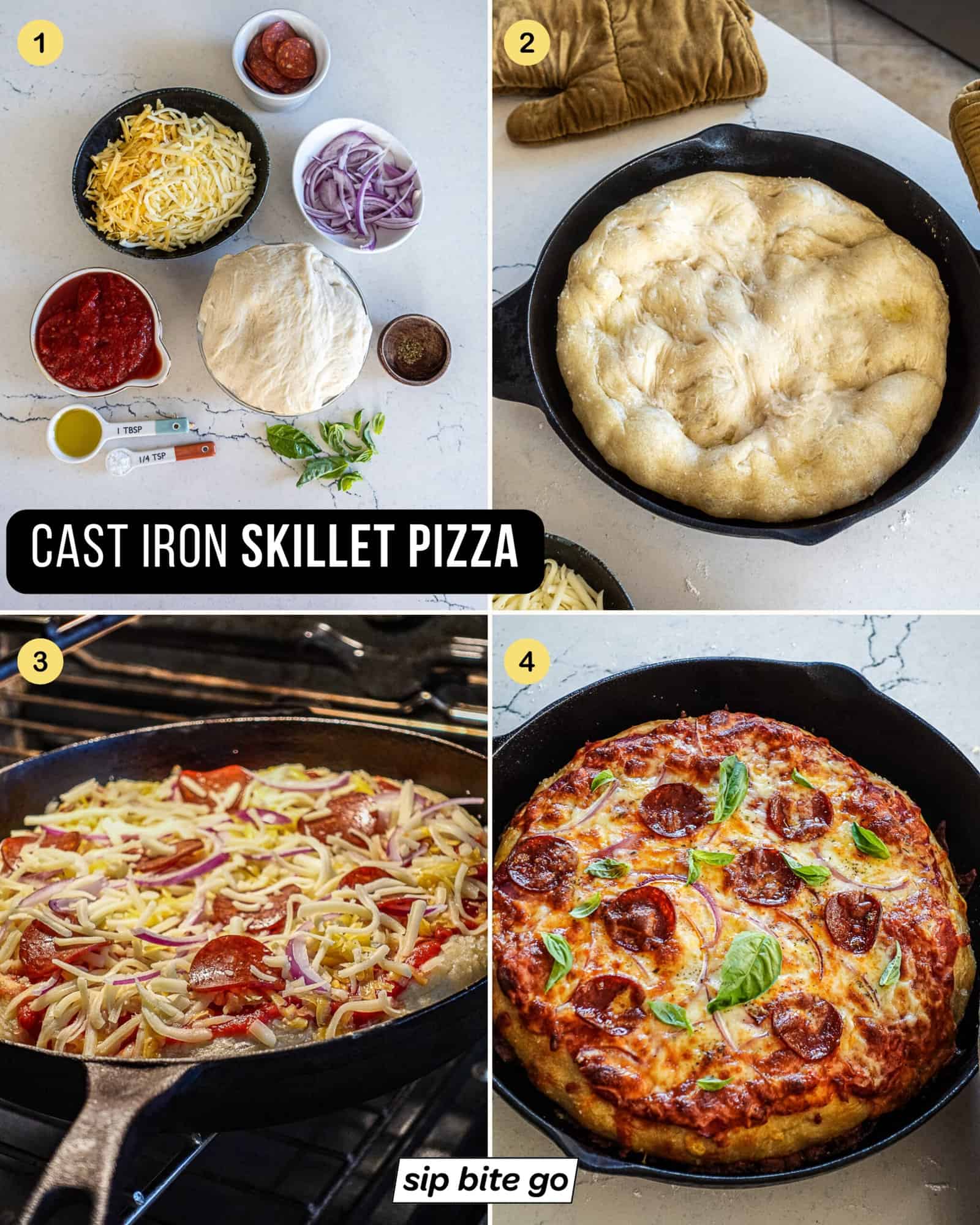 Collage of Cast Iron Skillet Pizza Recipe Steps