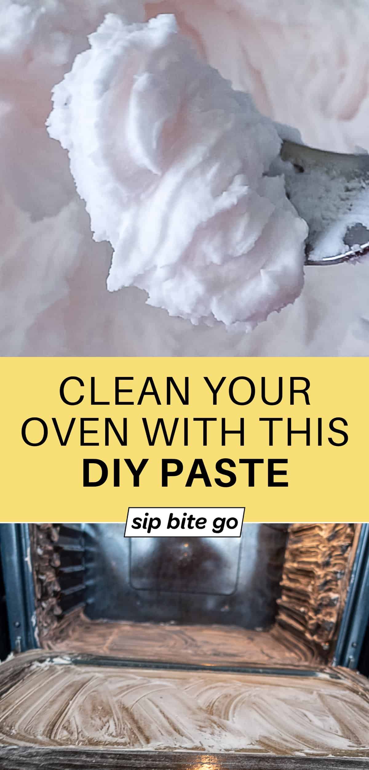 DIY oven cleaning paste with photo of dirty oven and text overlay