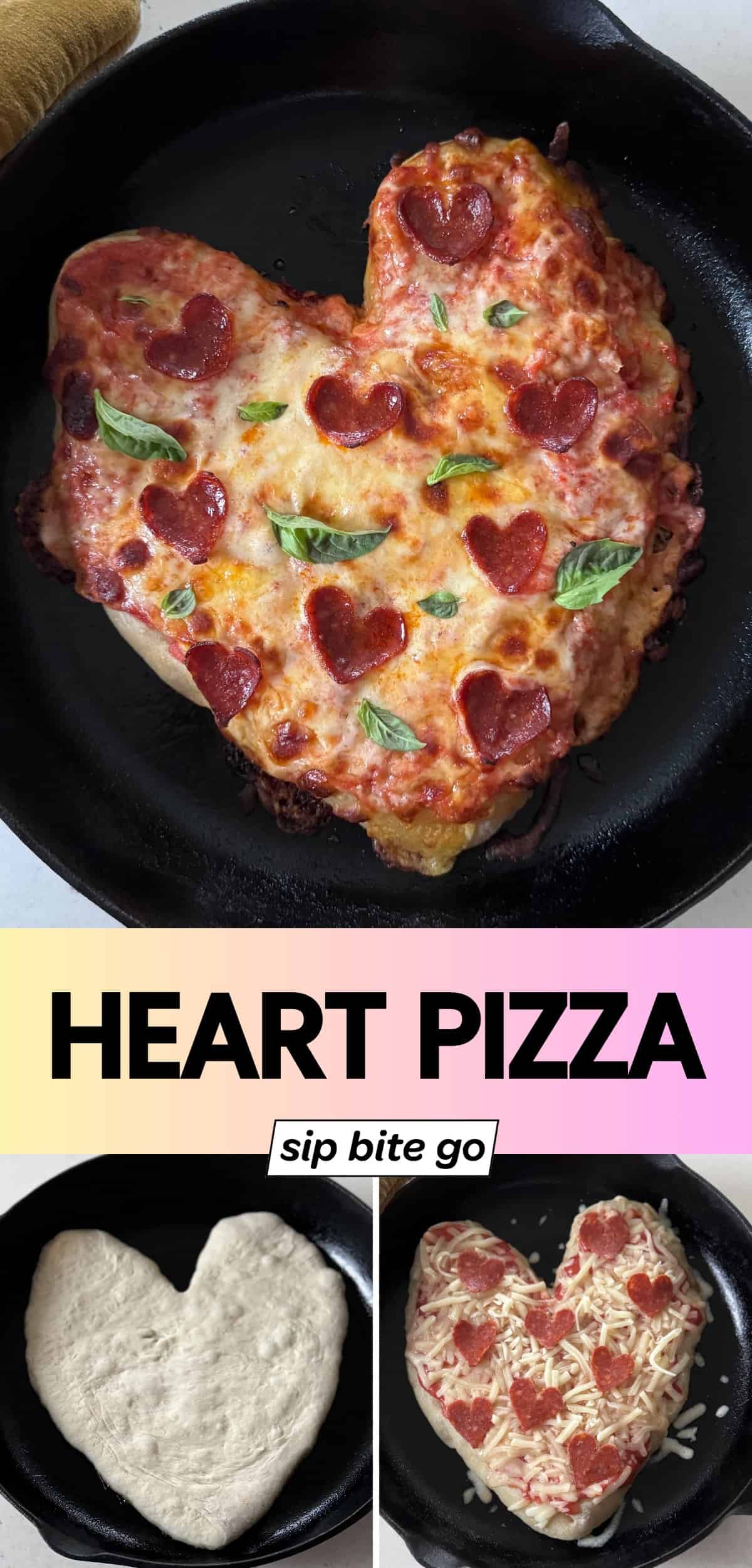 Recipe collage of Heart Shaped Pizza for Valentines Day with text overlay