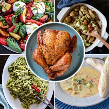 What to serve with roast chicken recipe collage with whole chicken in the middle
