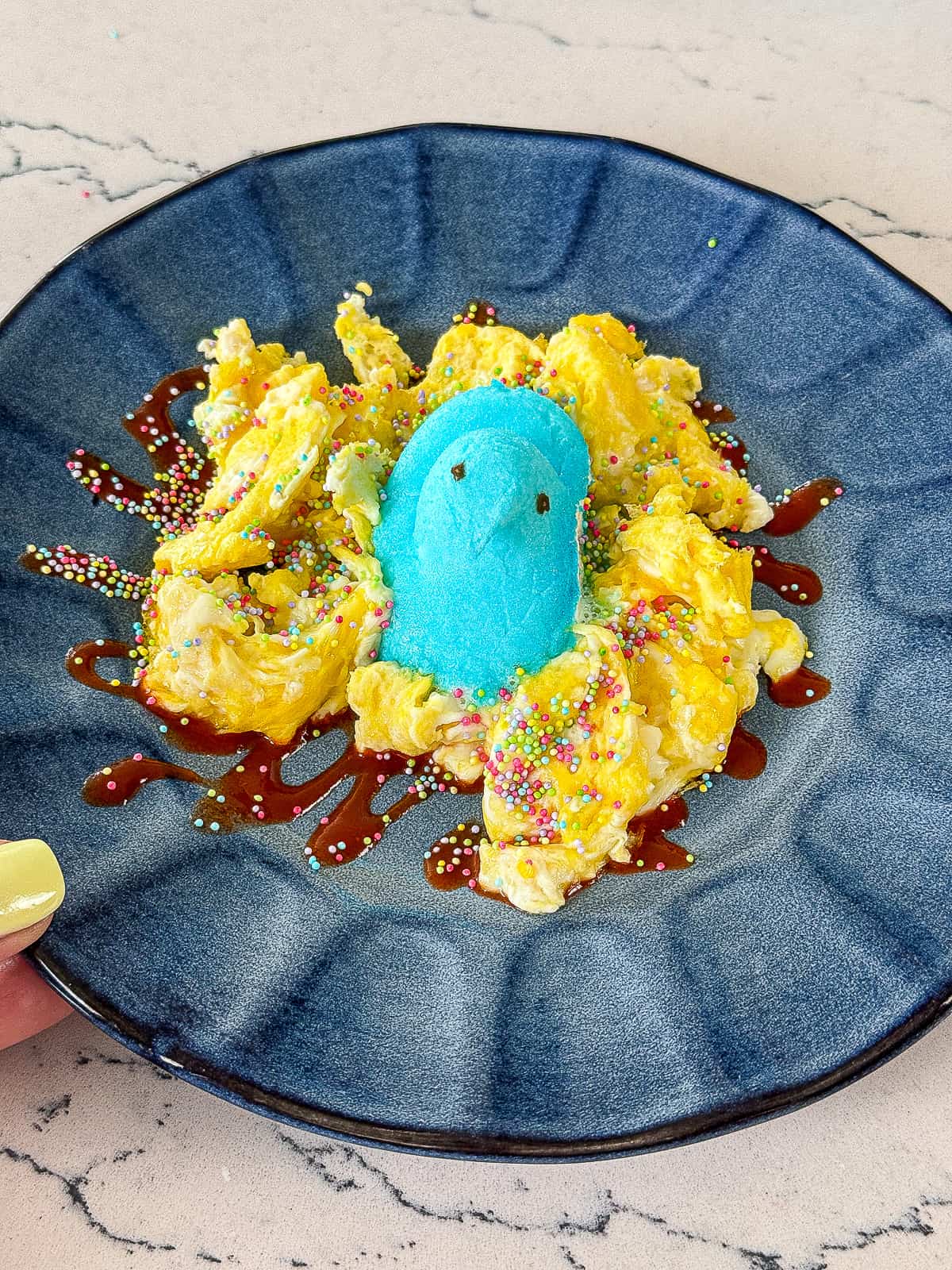 Breakfast recipe with scrambled eggs and peeps for Easter