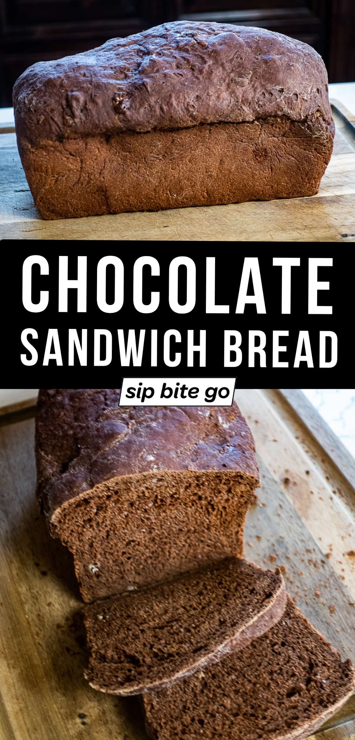 Chocolate Yeast Bread Recipe with photos of sliced sandwich loaf and text overlay