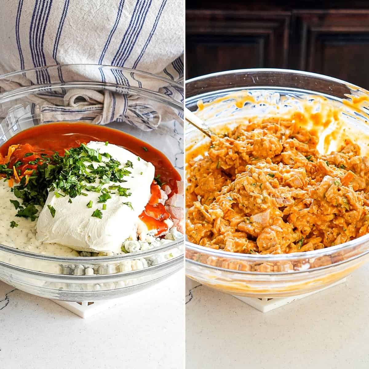 Mixing ingredients for buffalo chicken dip before and after photo