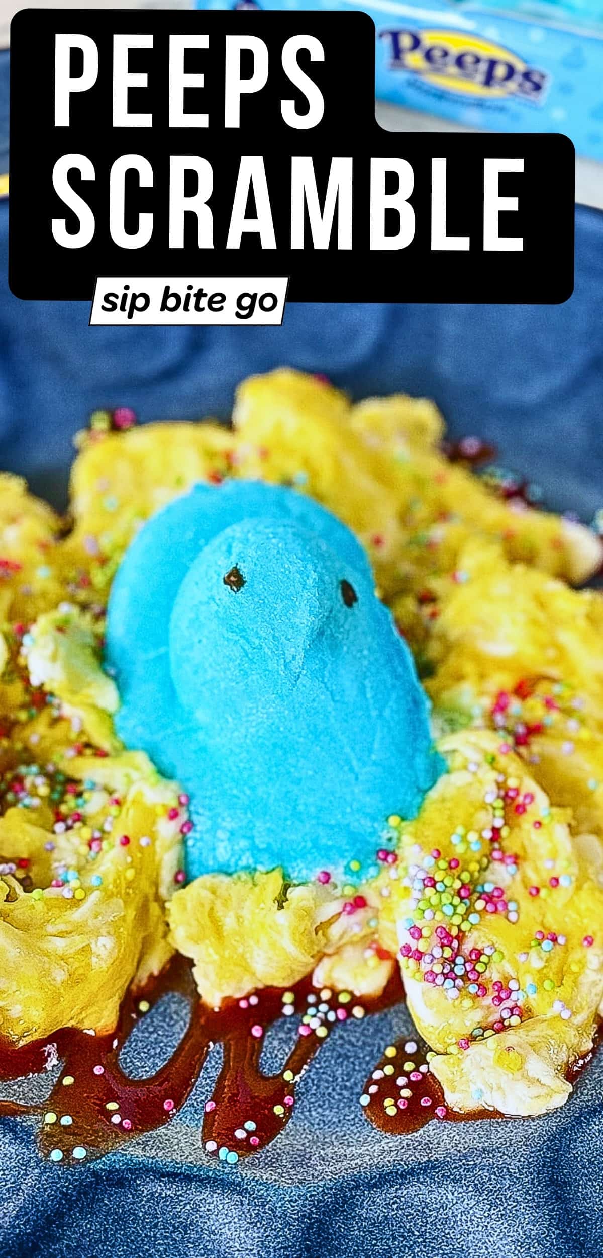 Peeps Scramble Easter Brunch Recipe with Easter candy box and text overlay