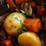 Recipe for Dutch Oven Beef Stew with text overlay