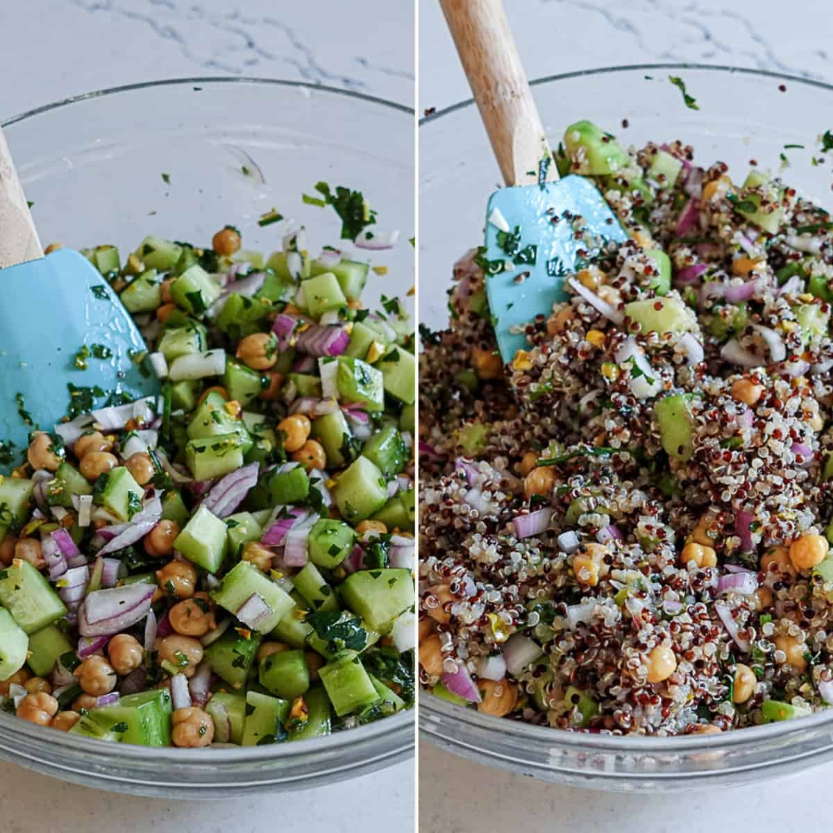 before and after adding ingredients to a bowl for jennifer aniston salad