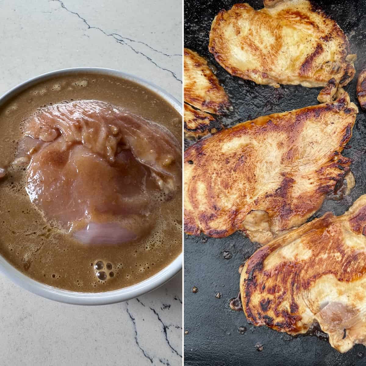 before and after marinading chicken breast in bbq pineapple marinade