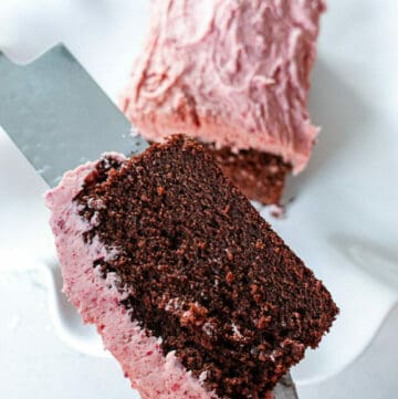 Slice of Chocolate Loaf Cake with Strawberry Frosting
