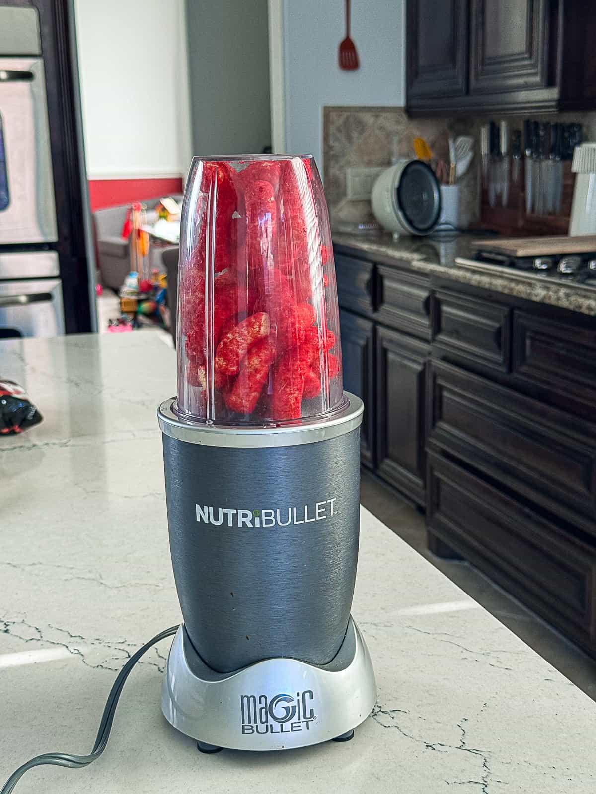 Puffed Flaming Hot Cheetos in a Nutribullet
