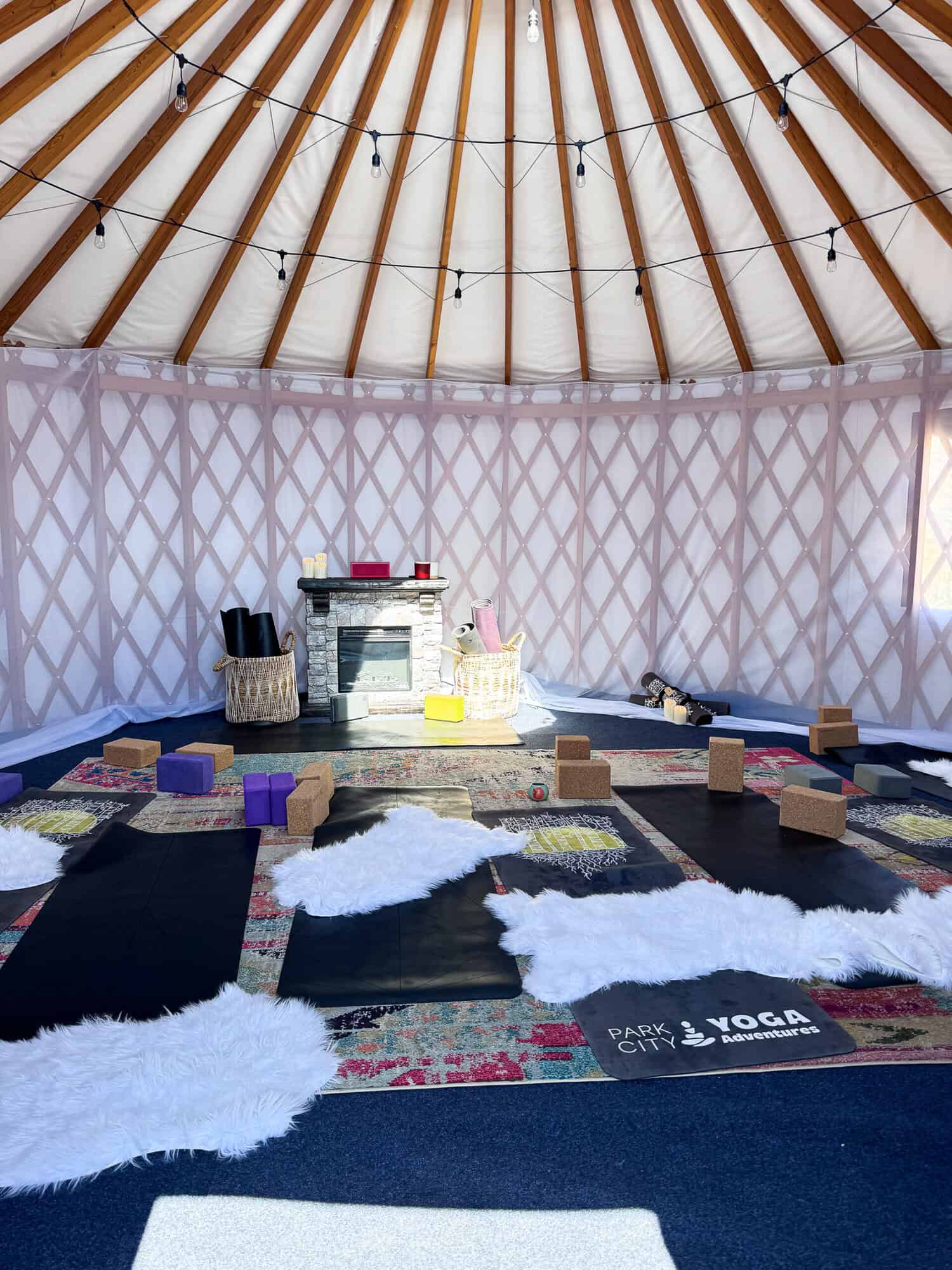Yoga set up in a yurt Wasatch Mountain State Park in Utah by Park City Yoga 