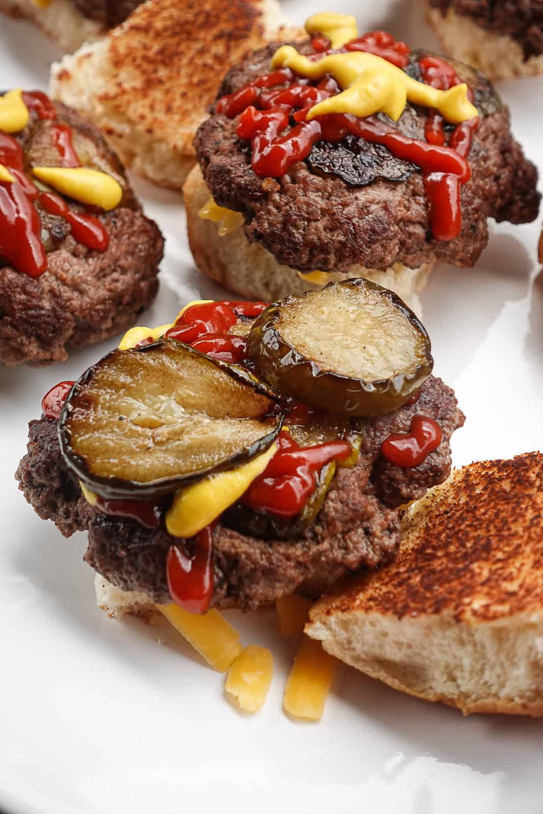 Closeup of Griddled Pickle Smash Burgers