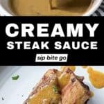 Creamy peppercorn steak sauce served with beef, with text overlay