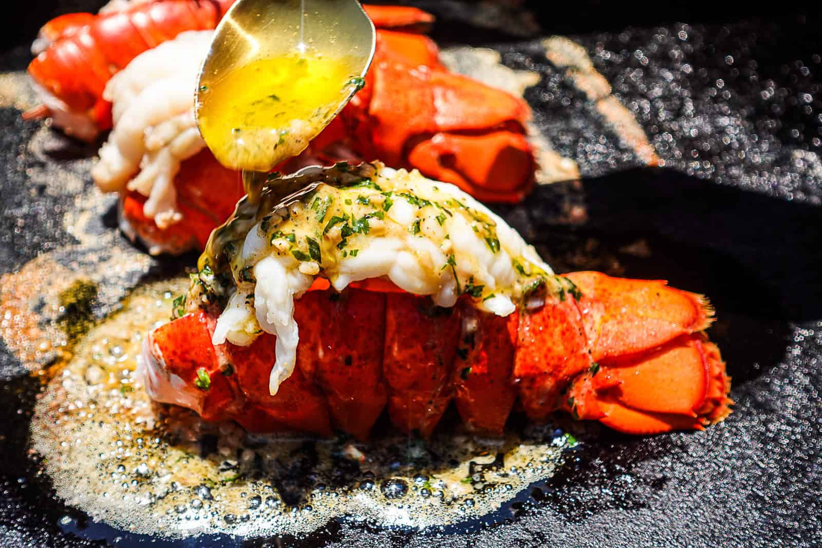 Drizzling herb butter sauce on Griddled Lobster Tails on the Traeger Flatrock Grill
