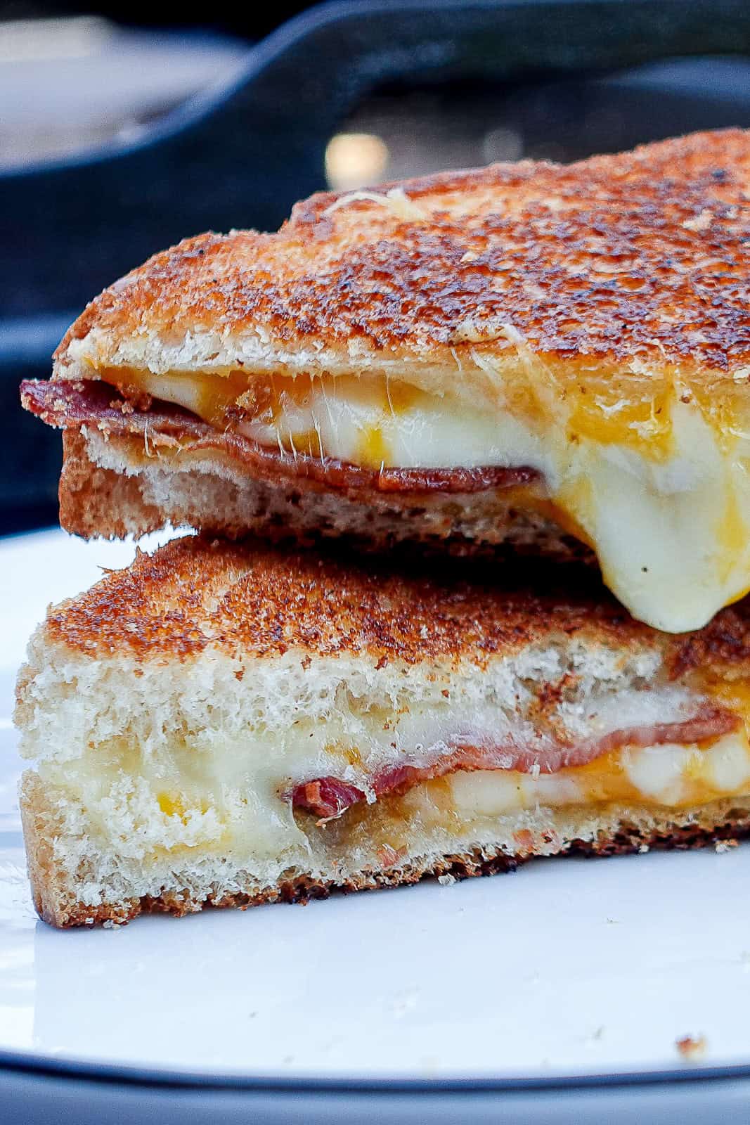 Griddled Grilled Cheese with gruyere cheddar and bacon with Traeger Flatrock Grill