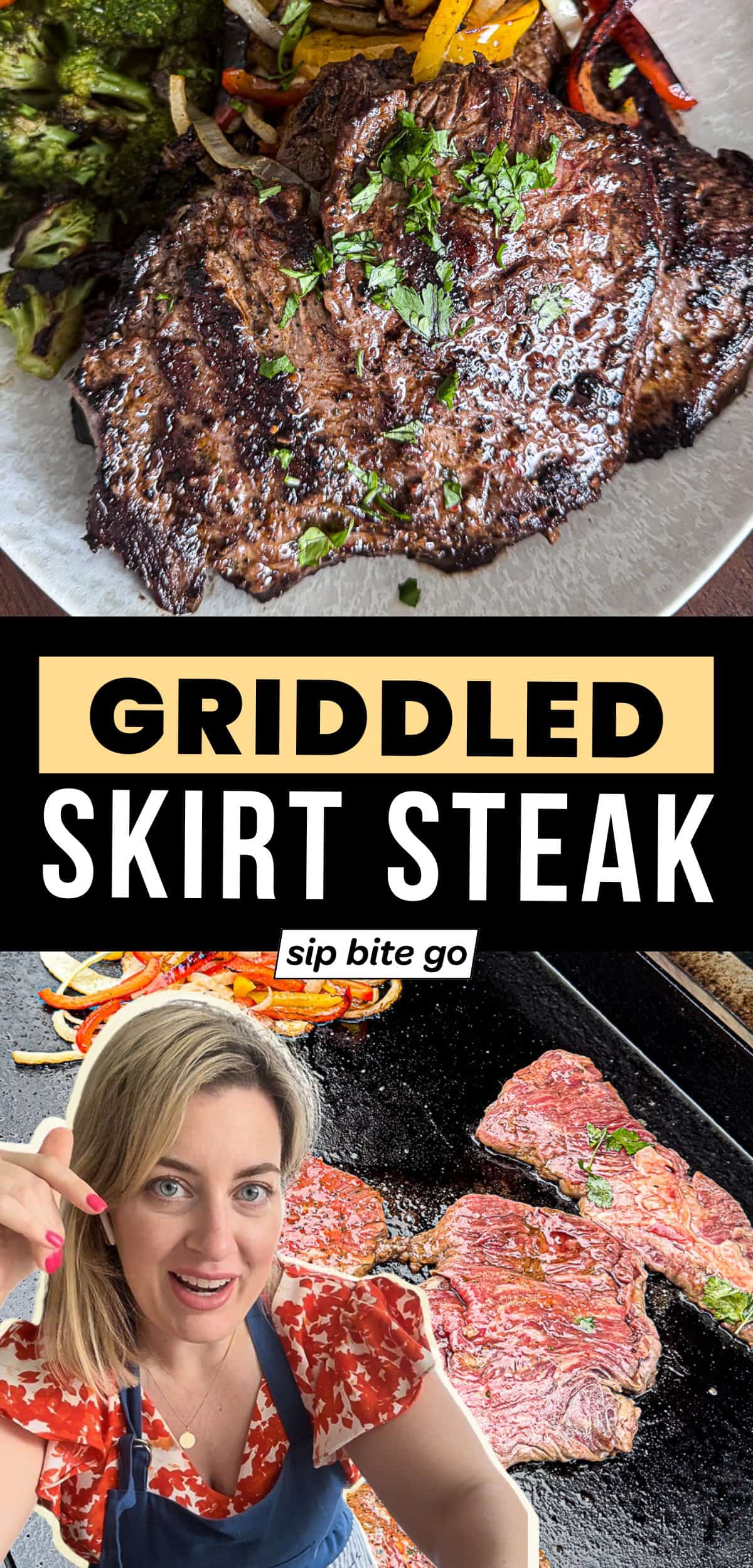 Griddled family style skirt steak dinner before and after