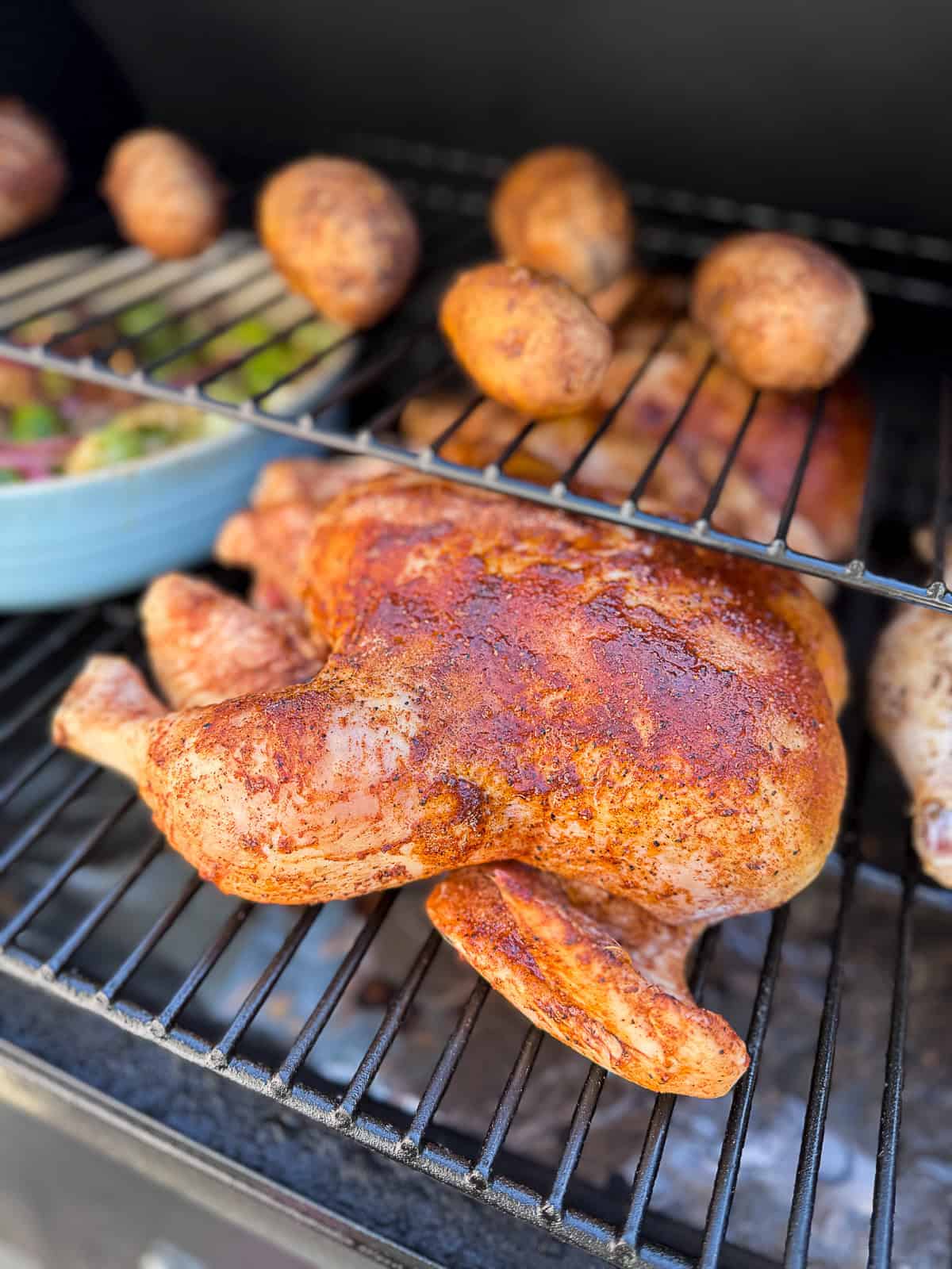 Smoking Chicken with Baked Potatoes in Traeger Pellet Grill