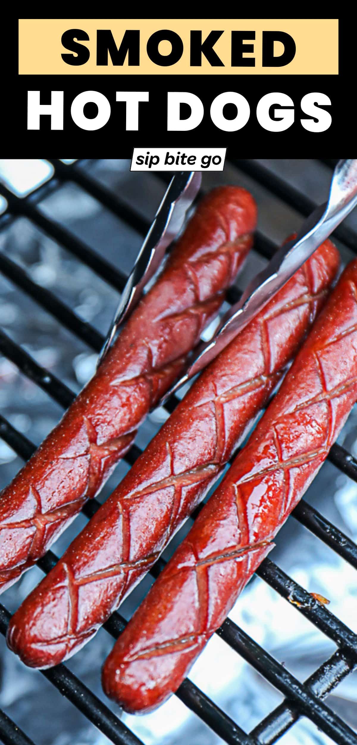 Traeger smoked hot dogs recipe with text overlay