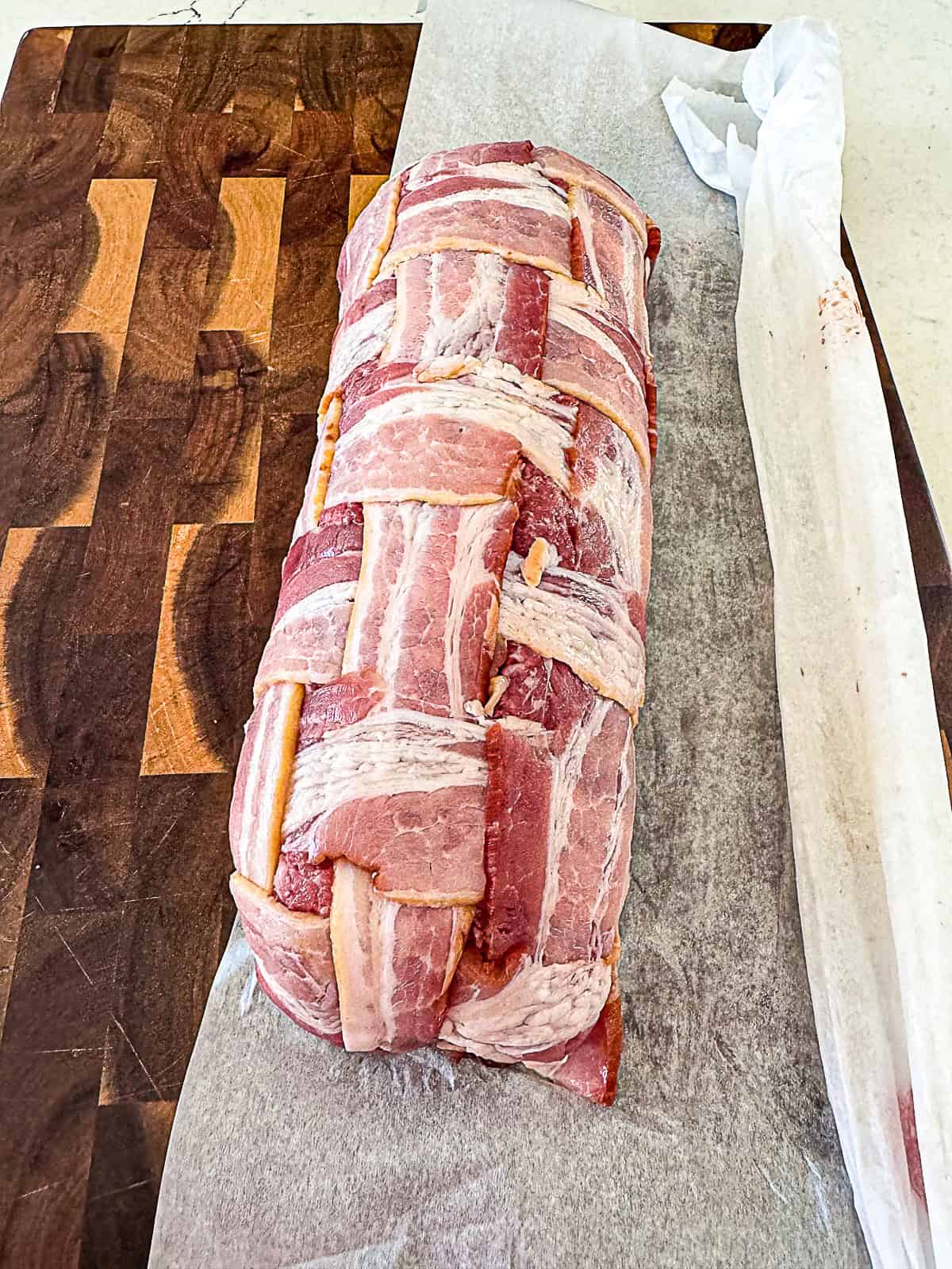 Bacon Weave holding food on Parchment Paper