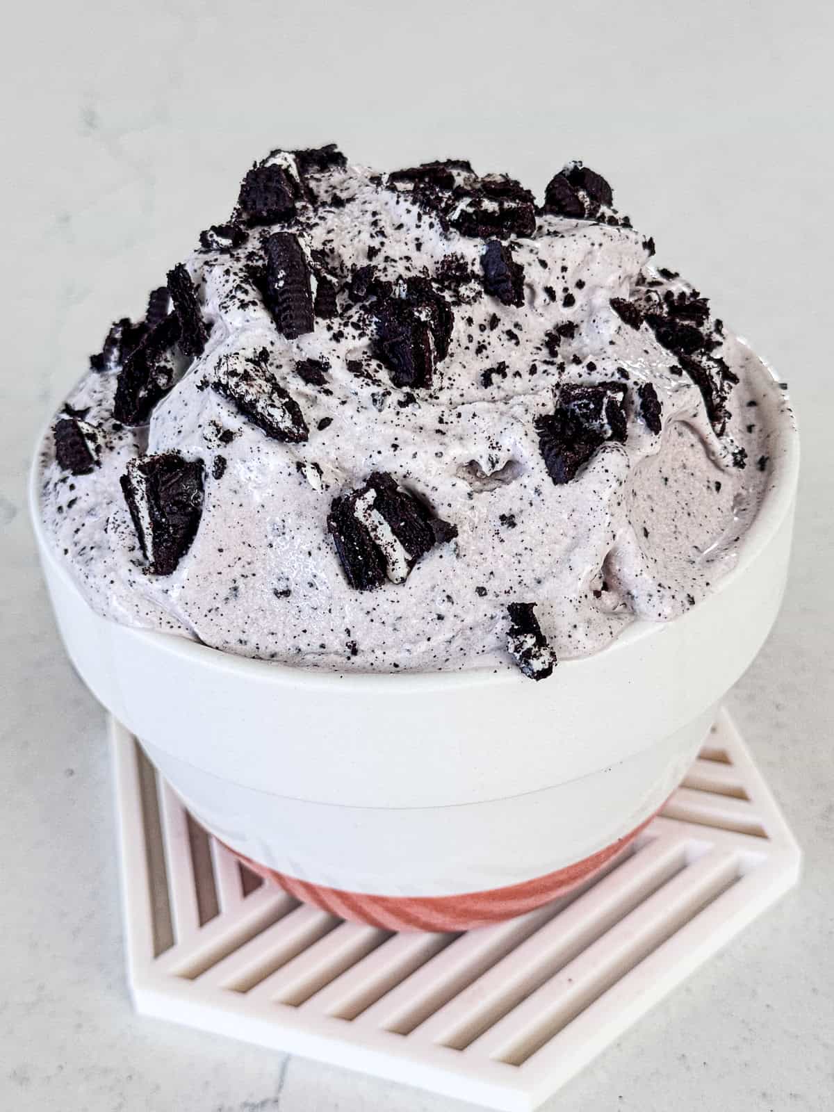 Closeup of Oreo topping on Homemade Cookies and Cream Ice Cream 