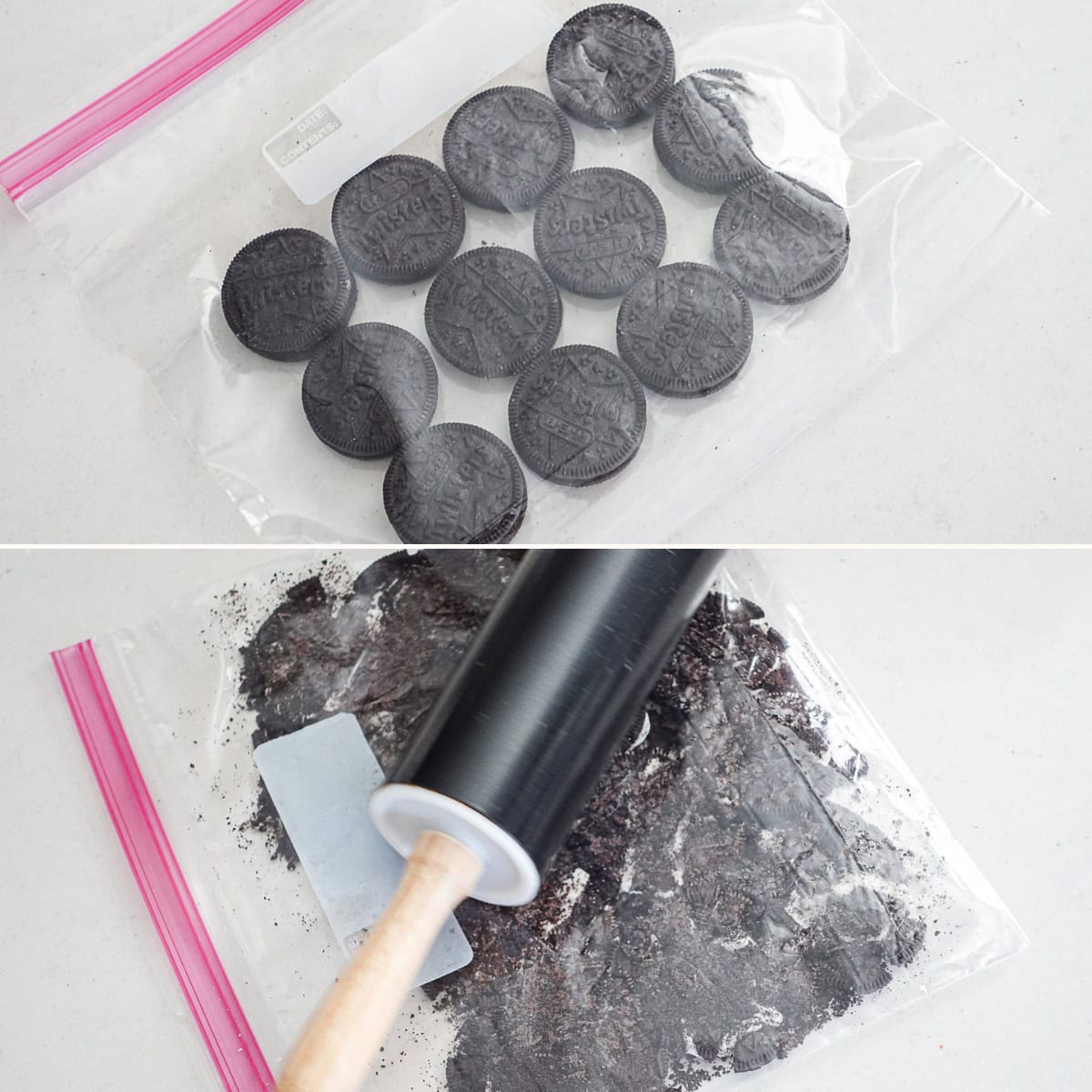 Crushing Oreos in a bag before and after photos