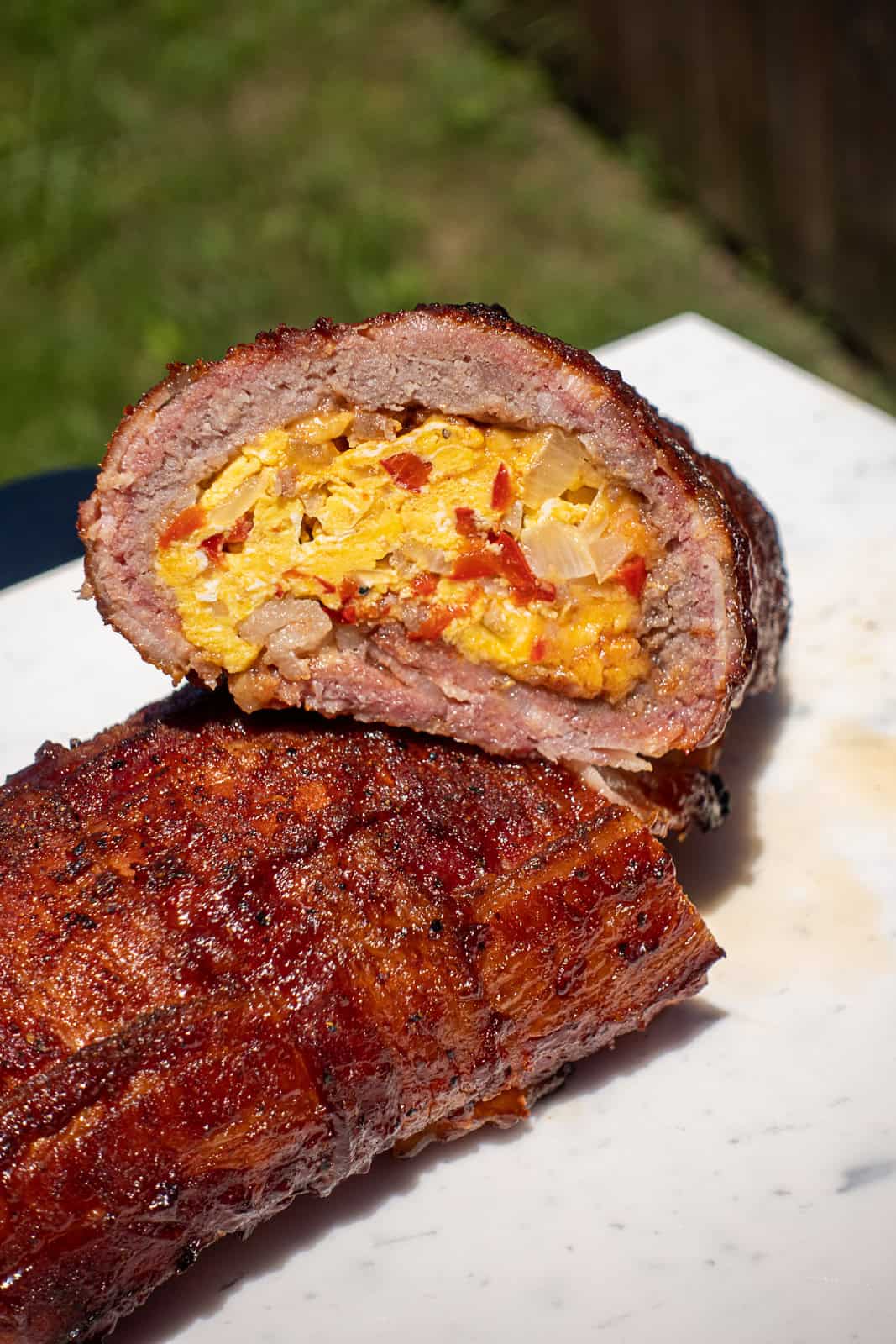 Inside View of Traeger Smoked Breakfast Fatty with Scrambled Eggs 
