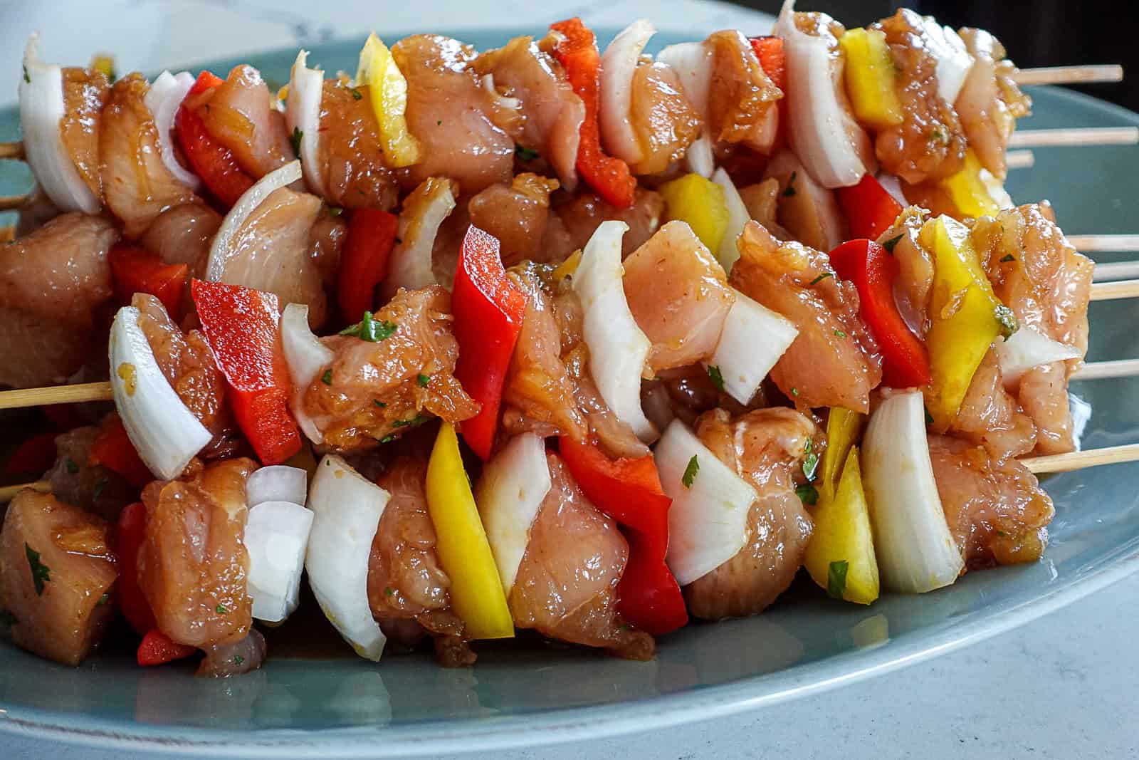 Kebab skewers of marinated Chicken Breast onions and peppers