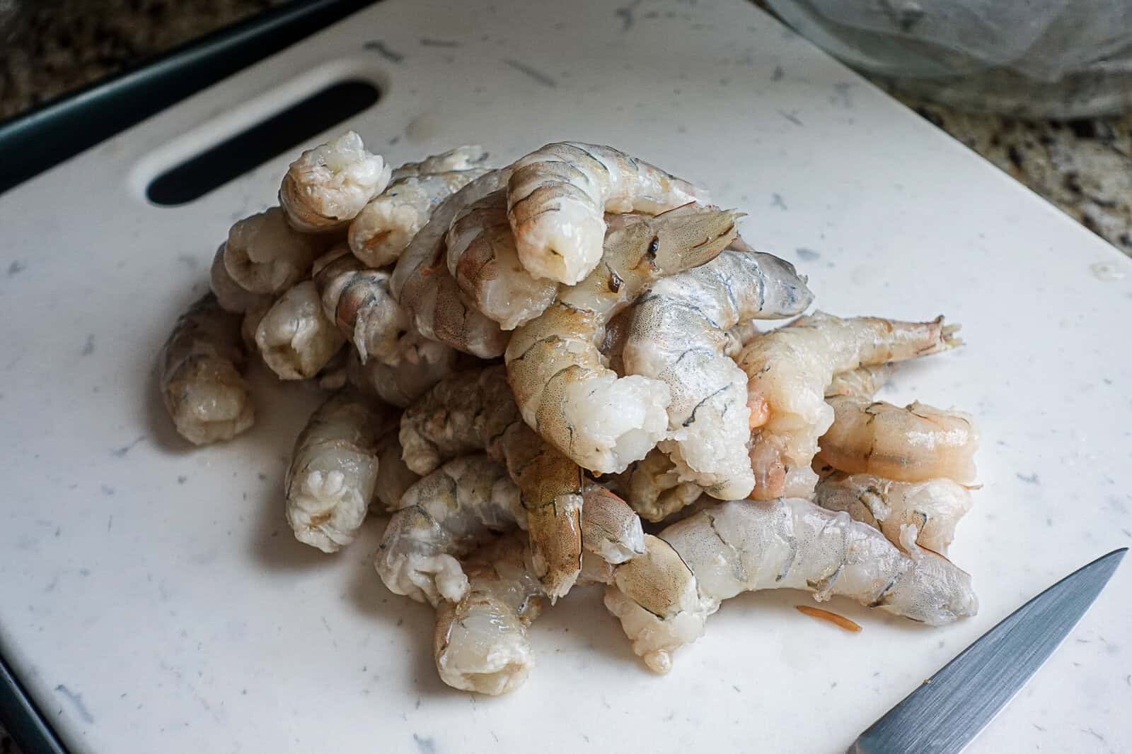 Thawed and deveined shrimp