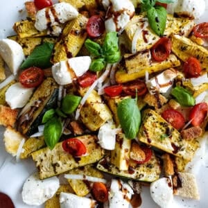 Traeger Smoked Zucchini and Summer Squash Salad with vegetables and burrata