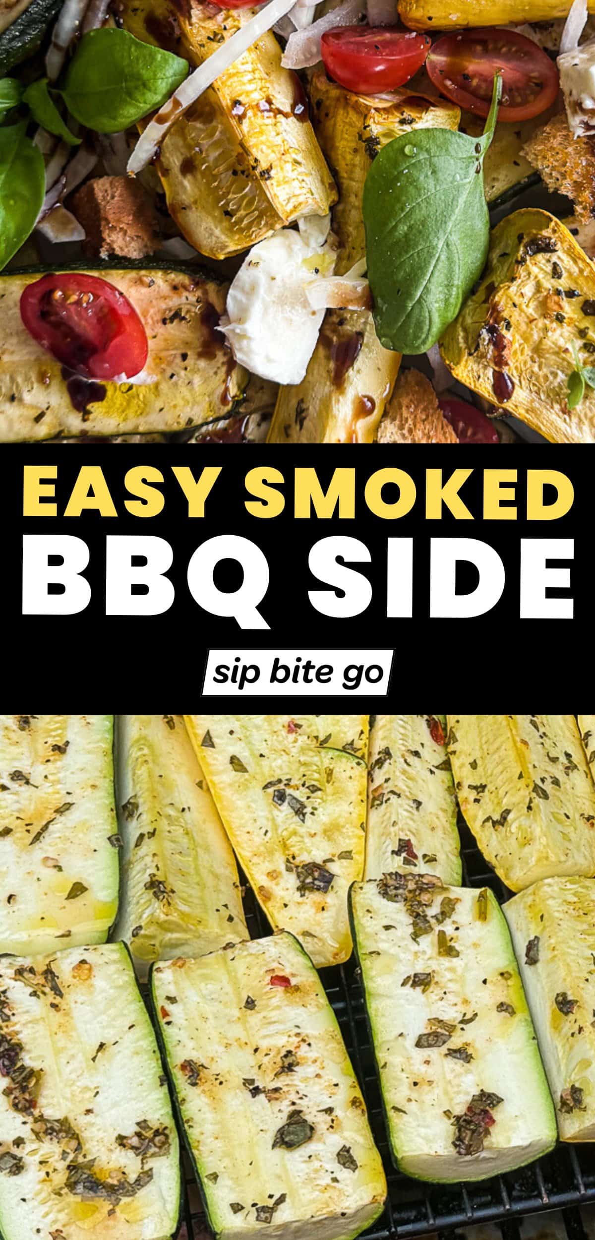 Traeger Smoker BBQ Side Dish Recipe with Before and After images of Smoked Zucchini and Summer Squash Salad