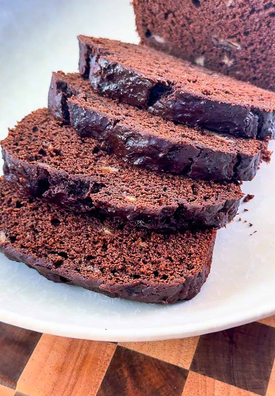 Closeup of moist homemade chocolate banana bread loaf slices with soft texture