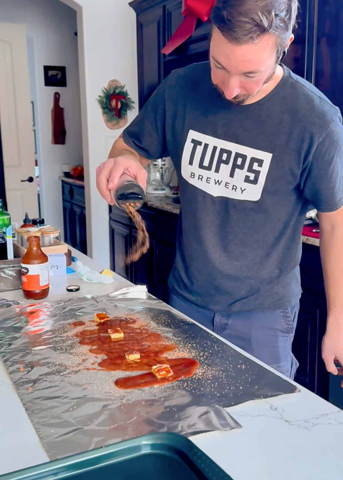 preparing to wrap smoked spare ribs