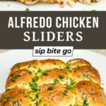 Alfredo Chicken Sliders on Hawaiian Rolls with text overlay