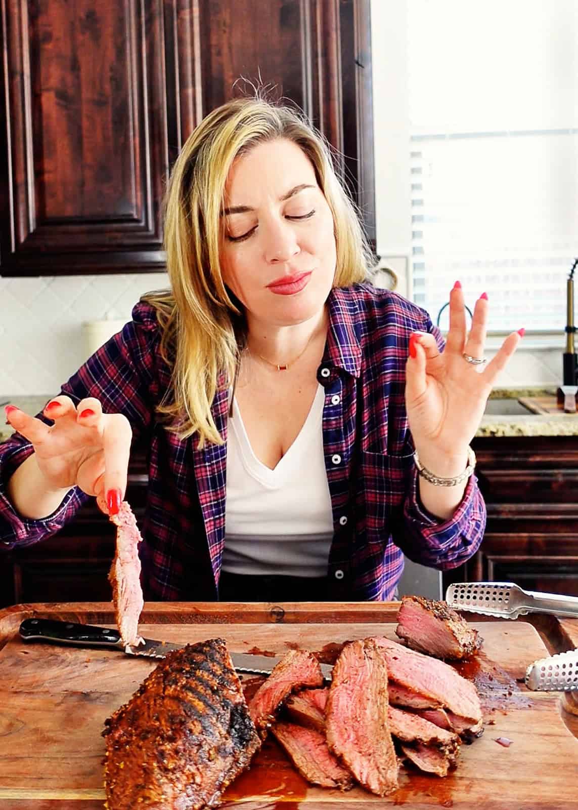 Jenna Passaro holding Pan-Seared Tri Tip Steak