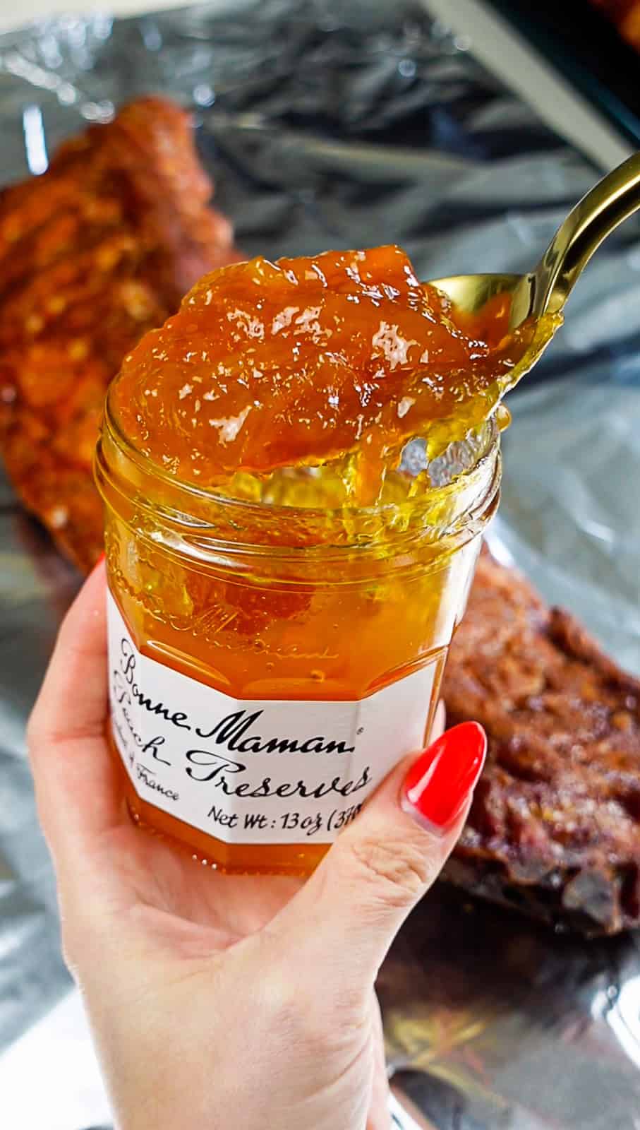 Peach preserves and smoked baby back ribs