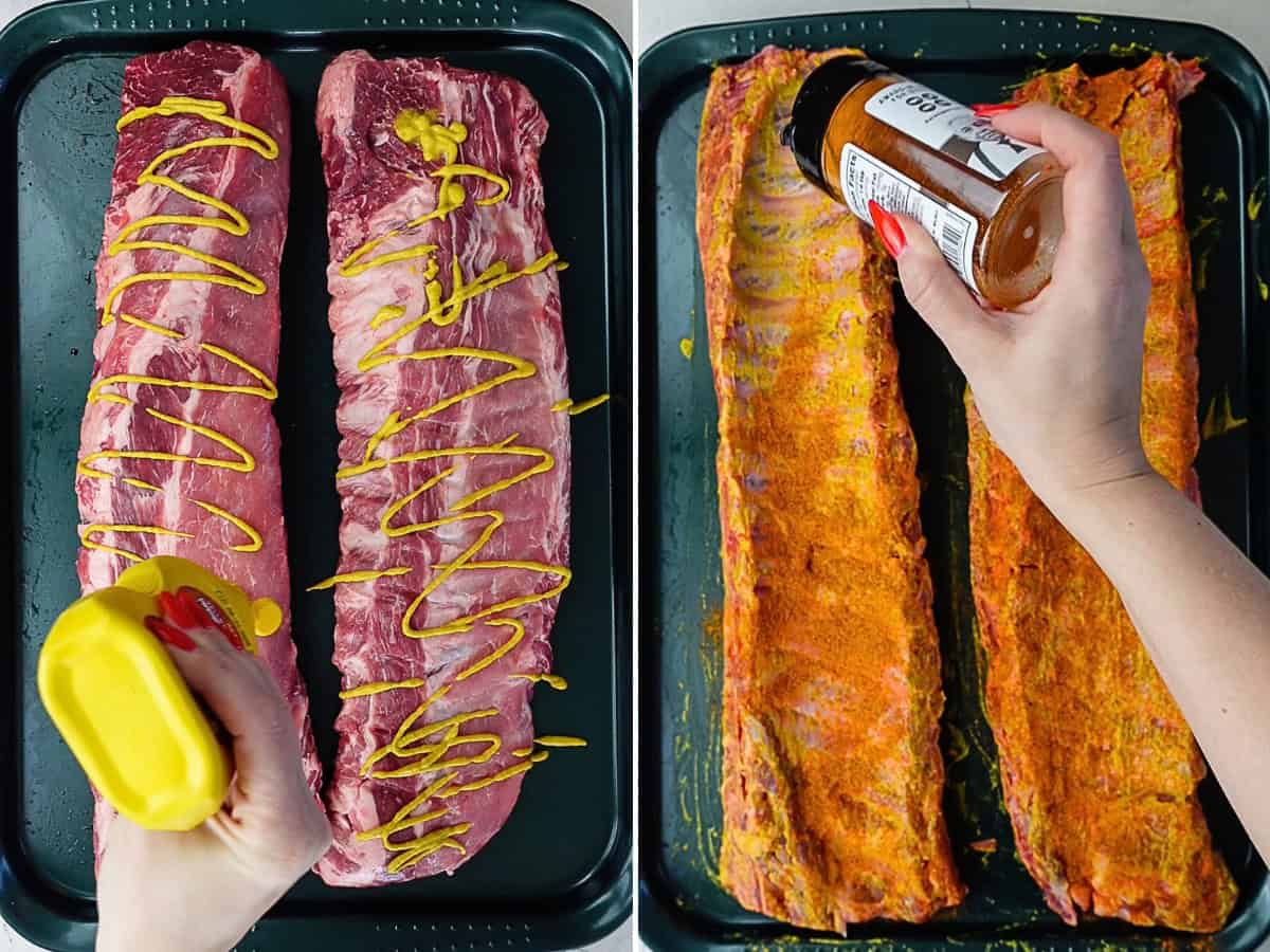 adding mustard binder and bbq seasoning to ribs
